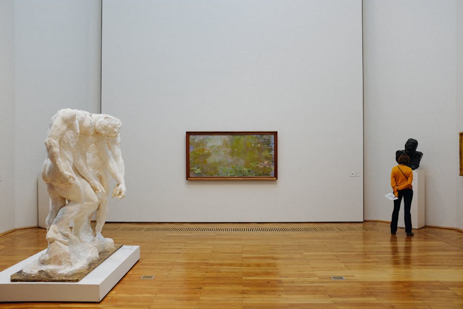 A person admires art in a modern gallery featuring sculpture and painting.